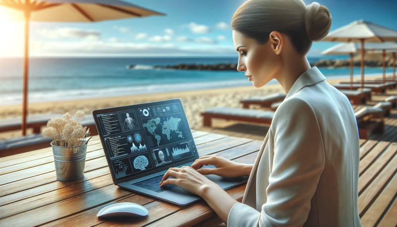 Eine Fachkraft arbeitet an einem Laptop, der ein KI-Analyse-Dashboard mit Diagrammen und einer Weltkarte zeigt — sinnbildlich für die gemeinsame, souveräne KI-Kompetenz, die ein ganzes Team zusammen aufbauen kann.
