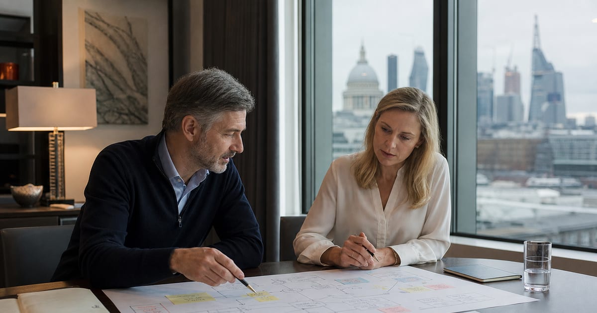Un consultant en IA et un dirigeant britannique cartographient un workflow prioritaire et son plan de mise en œuvre
