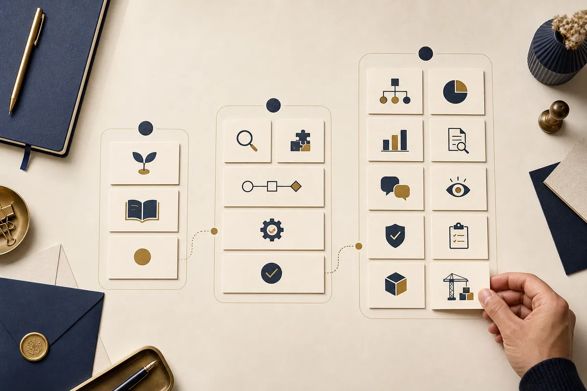 Trois parcours d'apprentissage de l'IA de plus en plus approfondis présentés avec des cartes pour les fondations, la pratique du flux de travail et la mise en œuvre indépendante