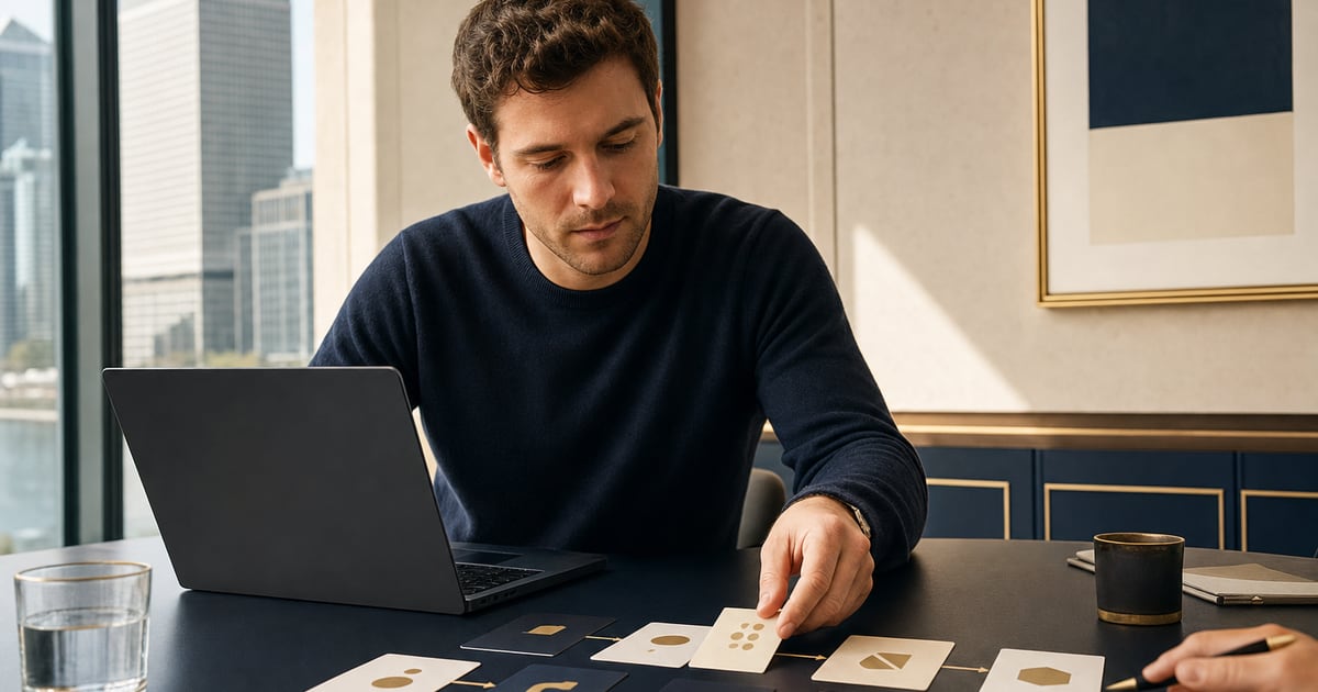 Débutant adulte organisant une séquence pratique de cartes d'apprentissage de l'IA à côté d'un ordinateur portable dans une salle de réunion de Canary Wharf