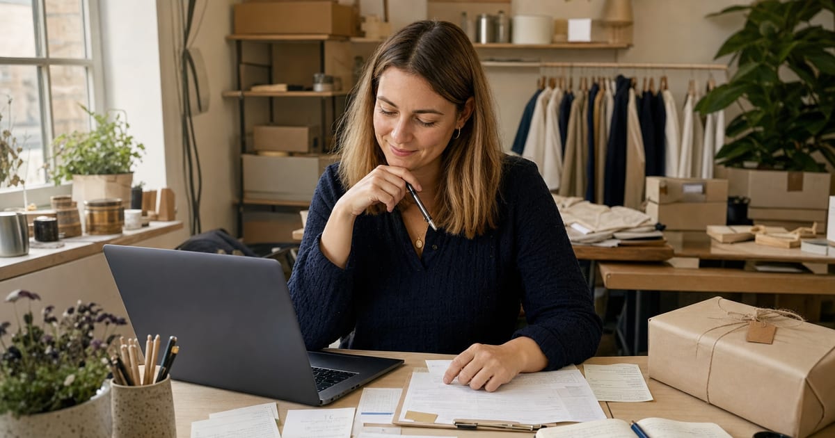 Un dirigeant de petite entreprise britannique examine les demandes, les commandes et les tâches de la semaine à côté d’un ordinateur portable