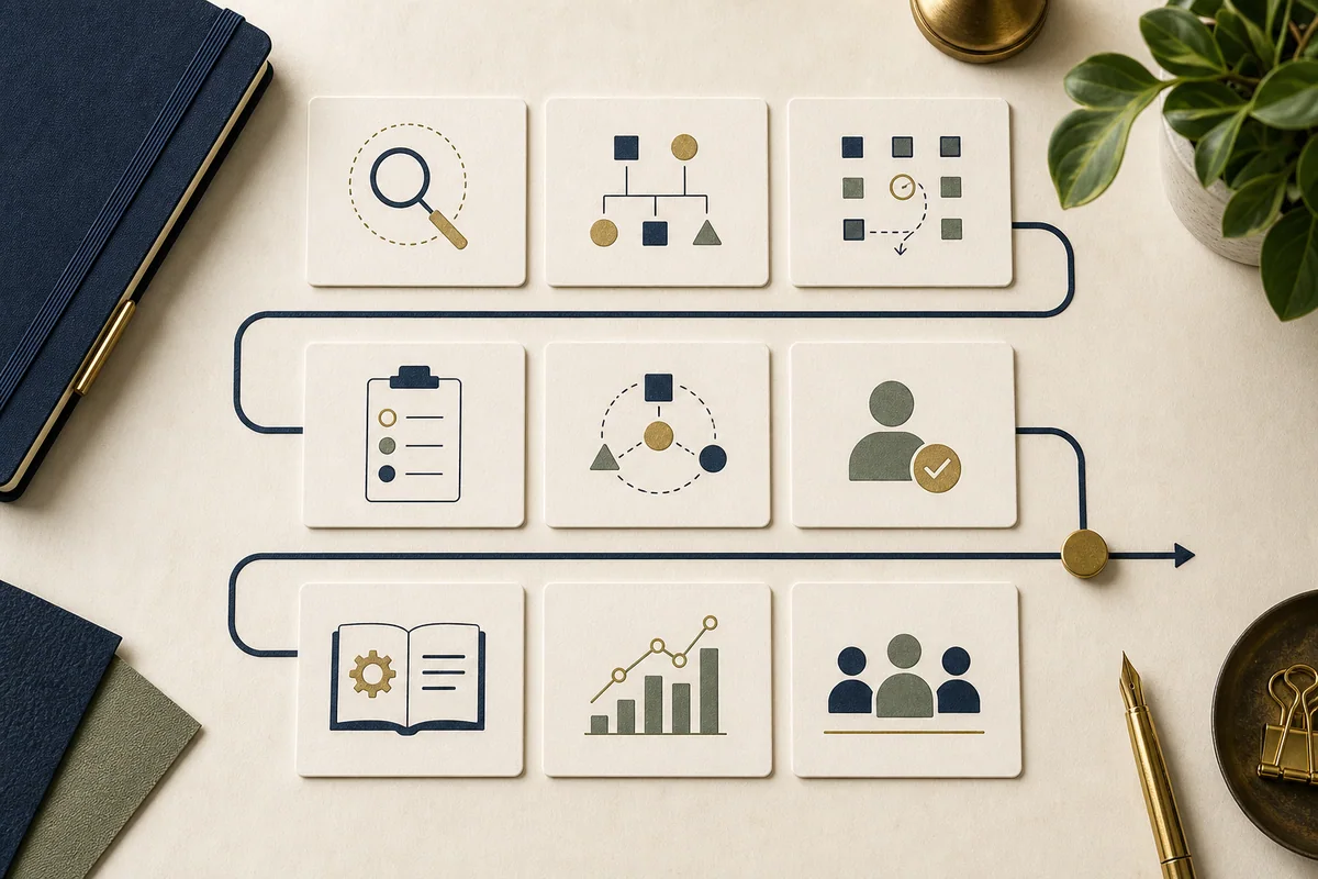 Tactile three-phase AI strategy roadmap showing discovery, pilot controls, measurement and accountable ownership