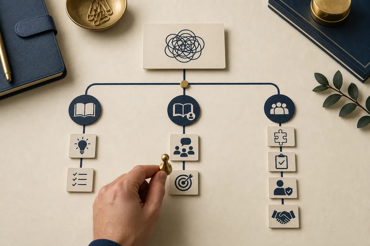 Three visual routes from one business problem to training, guided application or custom ChatGPT implementation