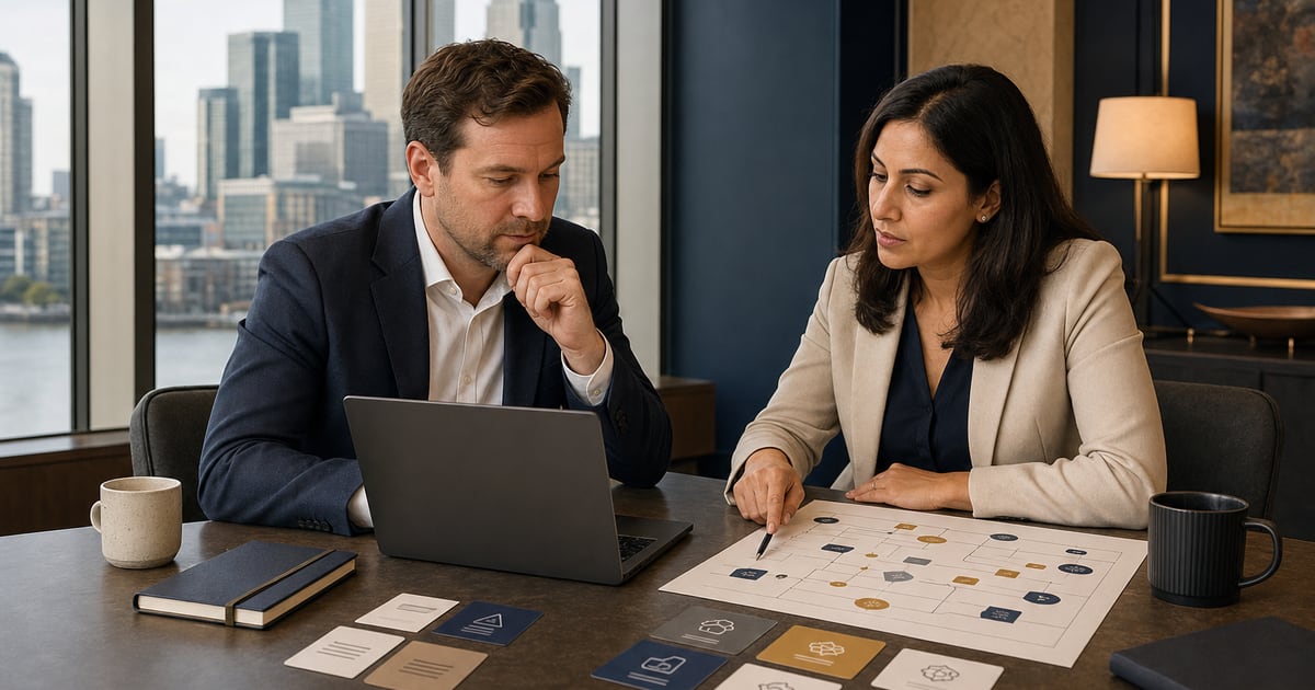 Professionnel des affaires britannique et formateur en IA comparant le matériel d'apprentissage avec une carte de flux de travail ChatGPT personnalisée à Canary Wharf