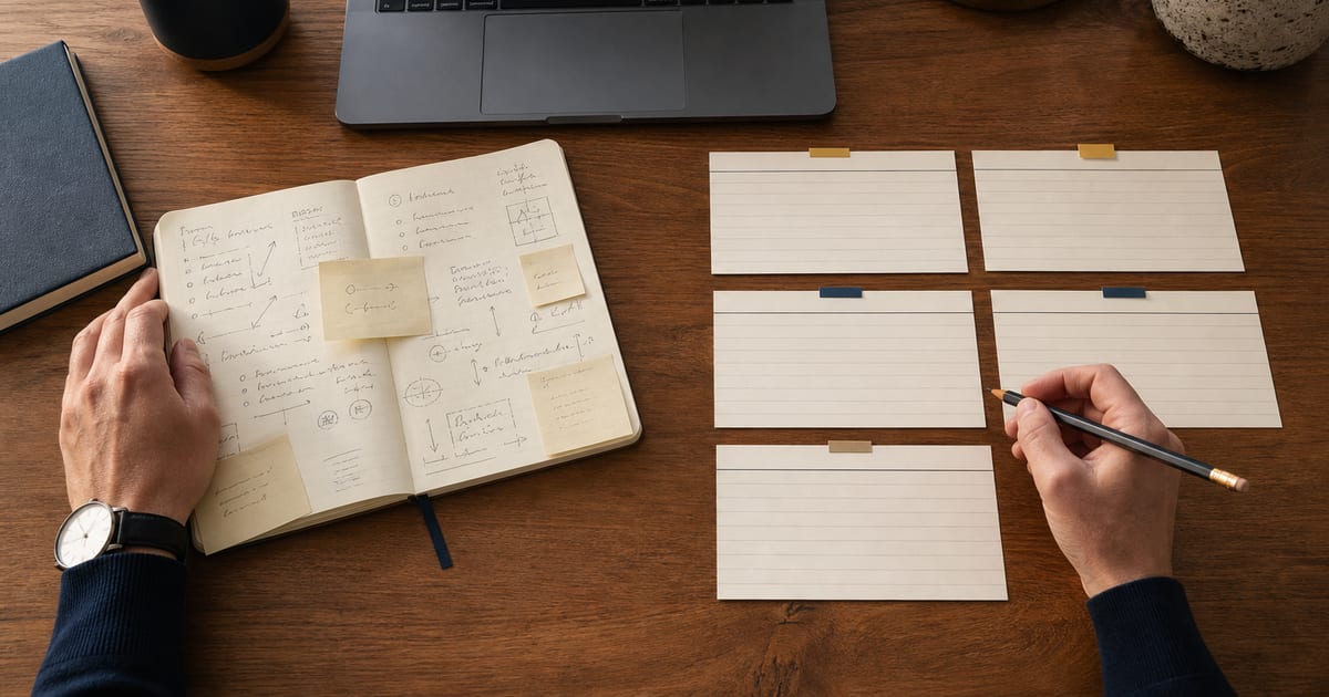 Vue de dessus d’un bureau où des notes brutes sont organisées en un prompt IA clair et structuré