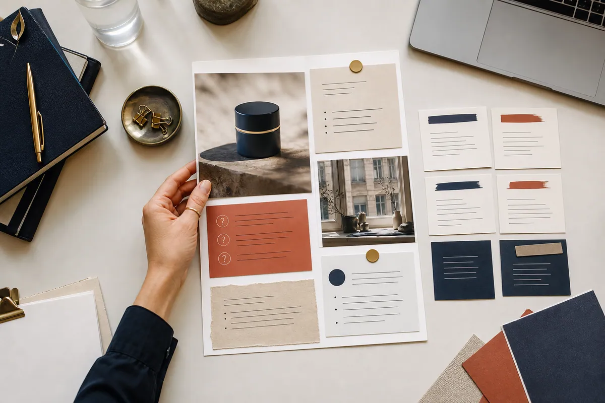 Marketer assembling original product evidence, customer questions and interview notes before creating channel drafts