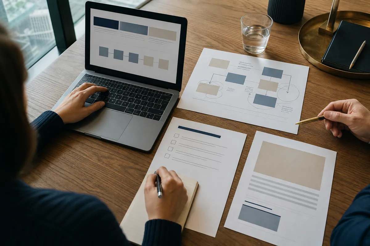 Learner testing a repeatable AI workflow beside a process map and review checklist