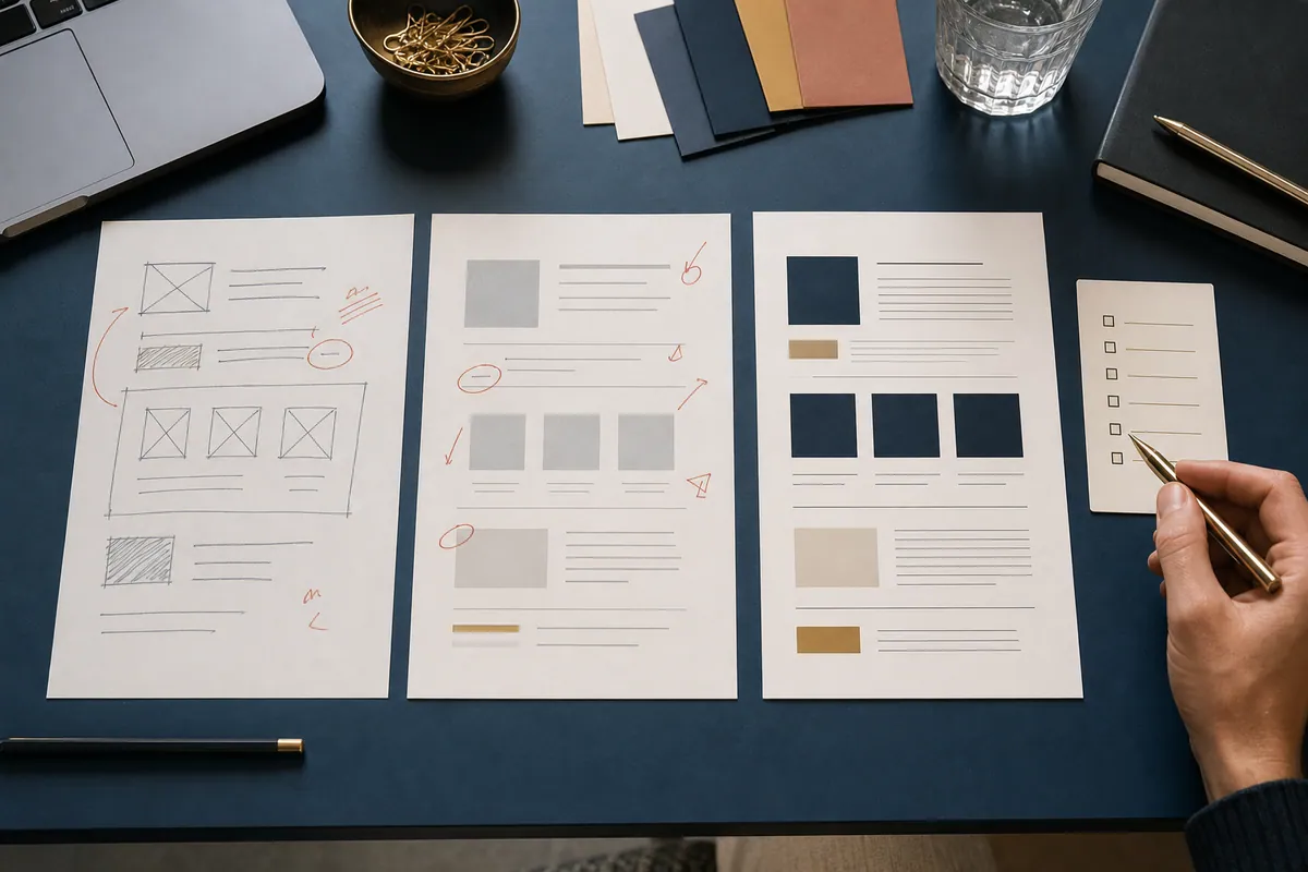 Three prompt drafts progressing from rough instructions through critique to a structured final brief