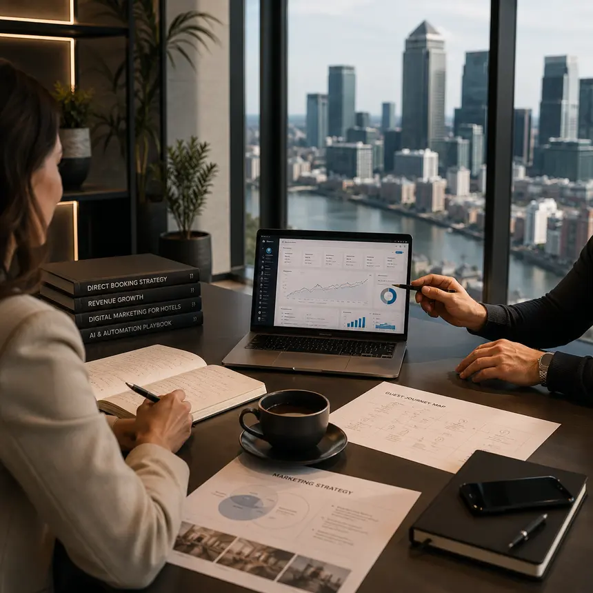 Privater KI-Einzelunterricht im Studio mit Themse-Blick in Canary Wharf, mit Blick auf ein Business-Dashboard auf einem Laptop.