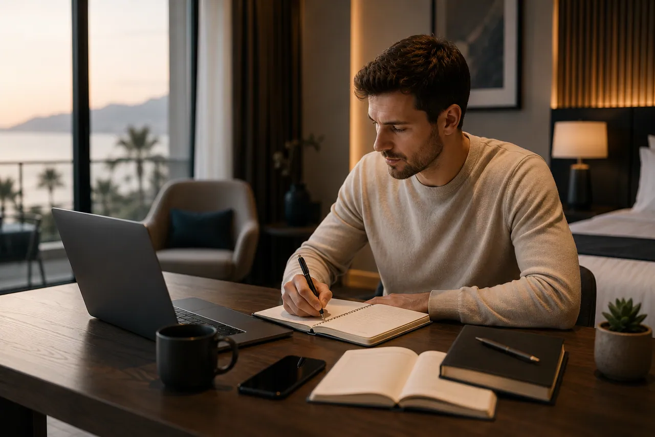 Ein Quereinsteiger lernt und macht sich Notizen neben einem Laptop.