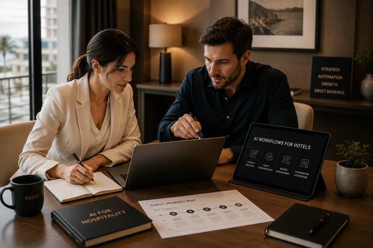 Zwei Manager begutachten gemeinsam KI-Workflows auf einem Laptop und einem Tablet.