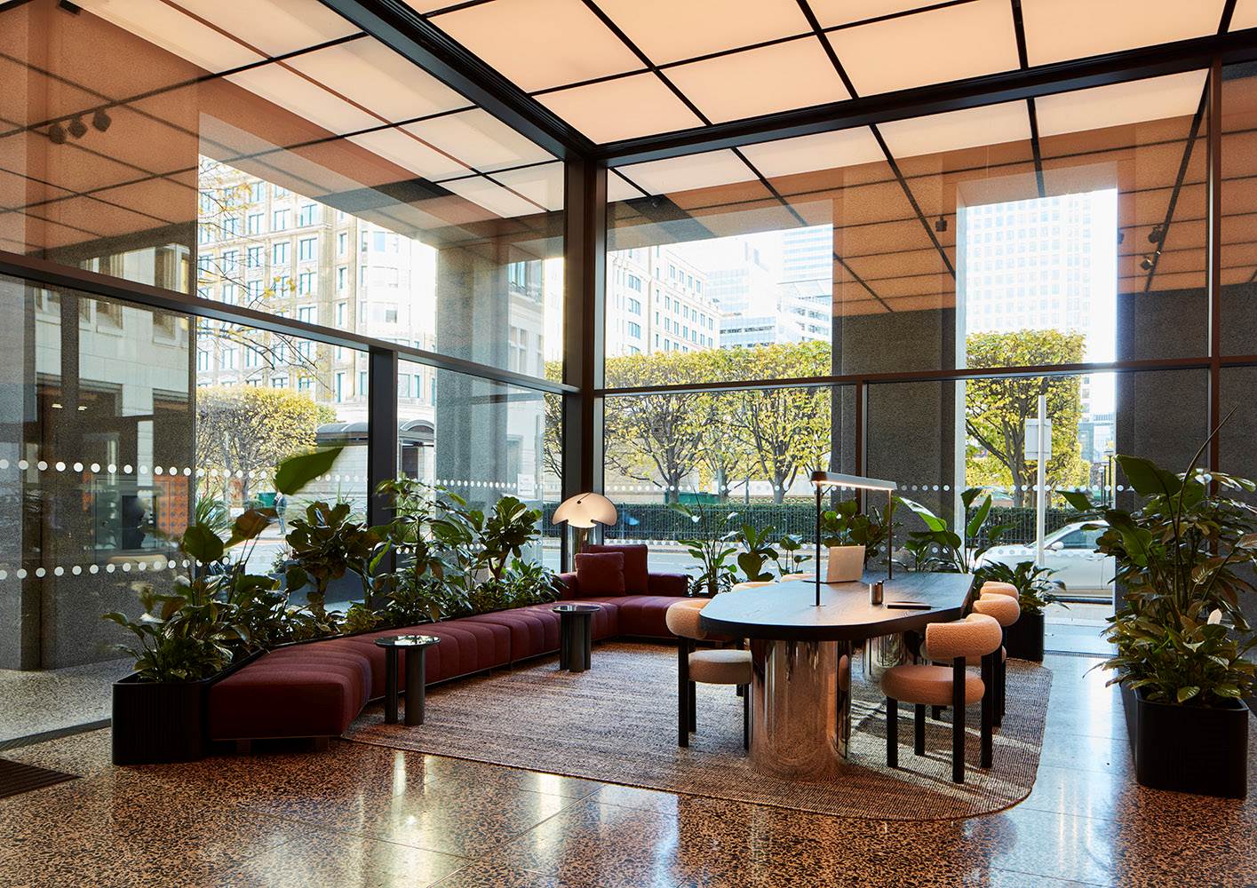 Grand marble lobby and reception of The Cabot at 25 Cabot Square, Canary Wharf