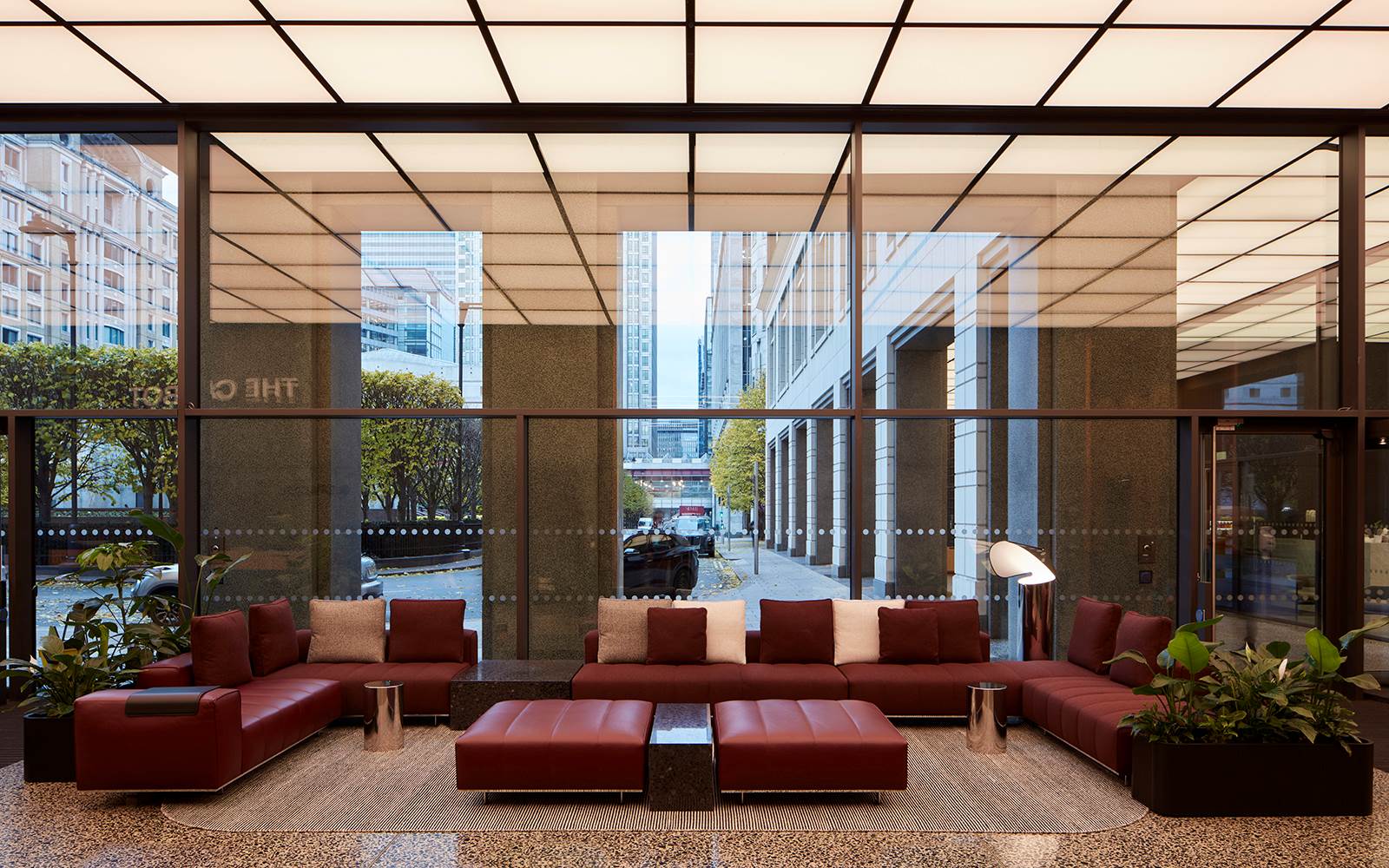Reception desk and lobby interior at The Cabot, 25 Cabot Square, Canary Wharf