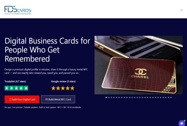 FDS Cards metal NFC digital business card beside a smartphone.