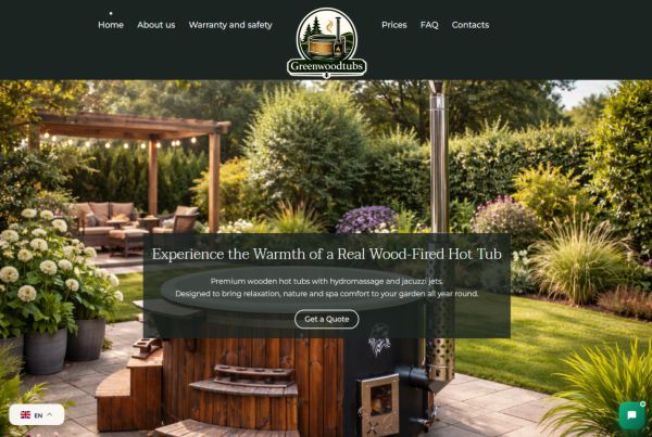 Greenwoodtubs website — a premium wood-fired hot tub in a landscaped garden, with a quote request flow.