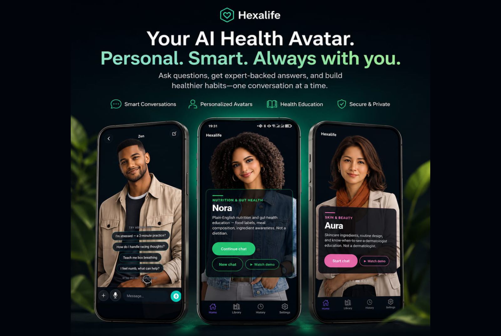 Hexalife AI health-avatar app shown across three phones, with personalised wellness assistants.