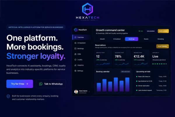 HexaTech — one AI platform bringing bookings, CRM, loyalty and analytics together for service businesses.