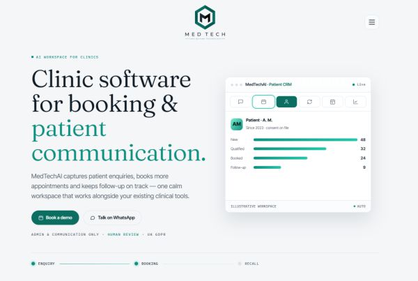 MedTechAI — clinic software for booking and patient communication, showing an enquiry-to-booking workspace.